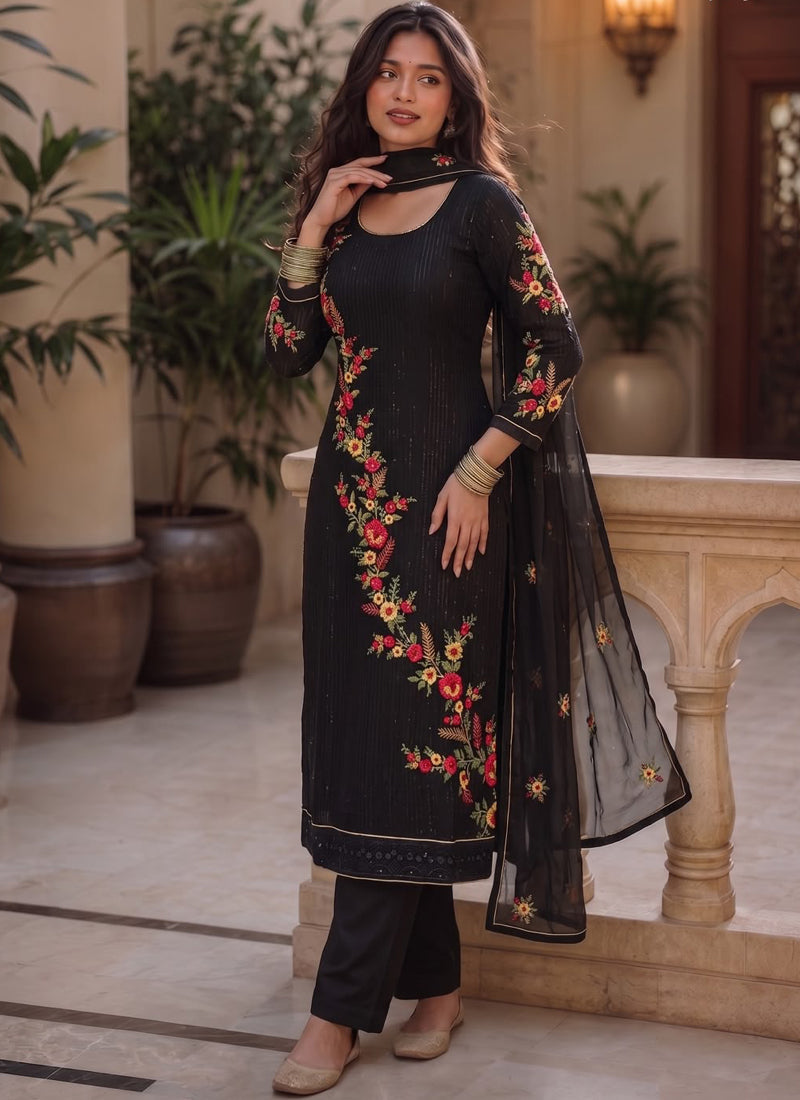 Vegaa Fashion Black Embroidered Georgette Straight suit - Dista