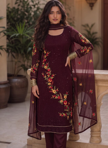 Vegaa Fashion Wine Embroidered Georgette Straight suit - Dista