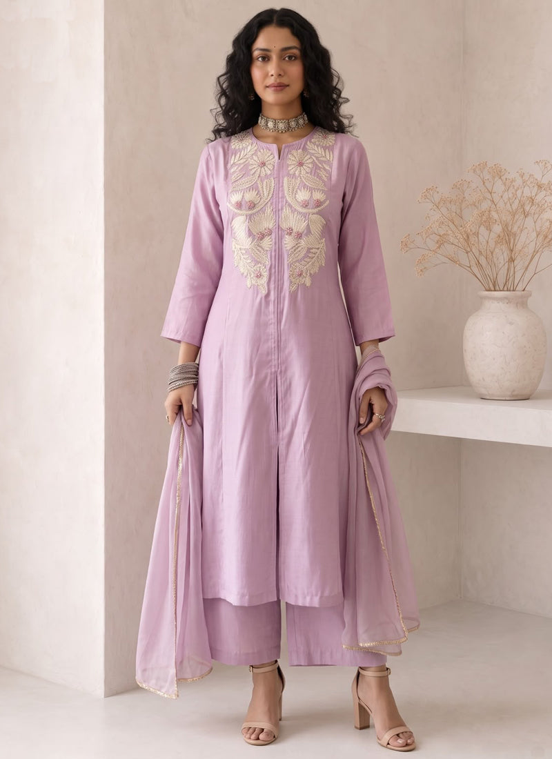Vegaa Fashion Lavender Embroidered Roman silk Salwar Suit - Dista