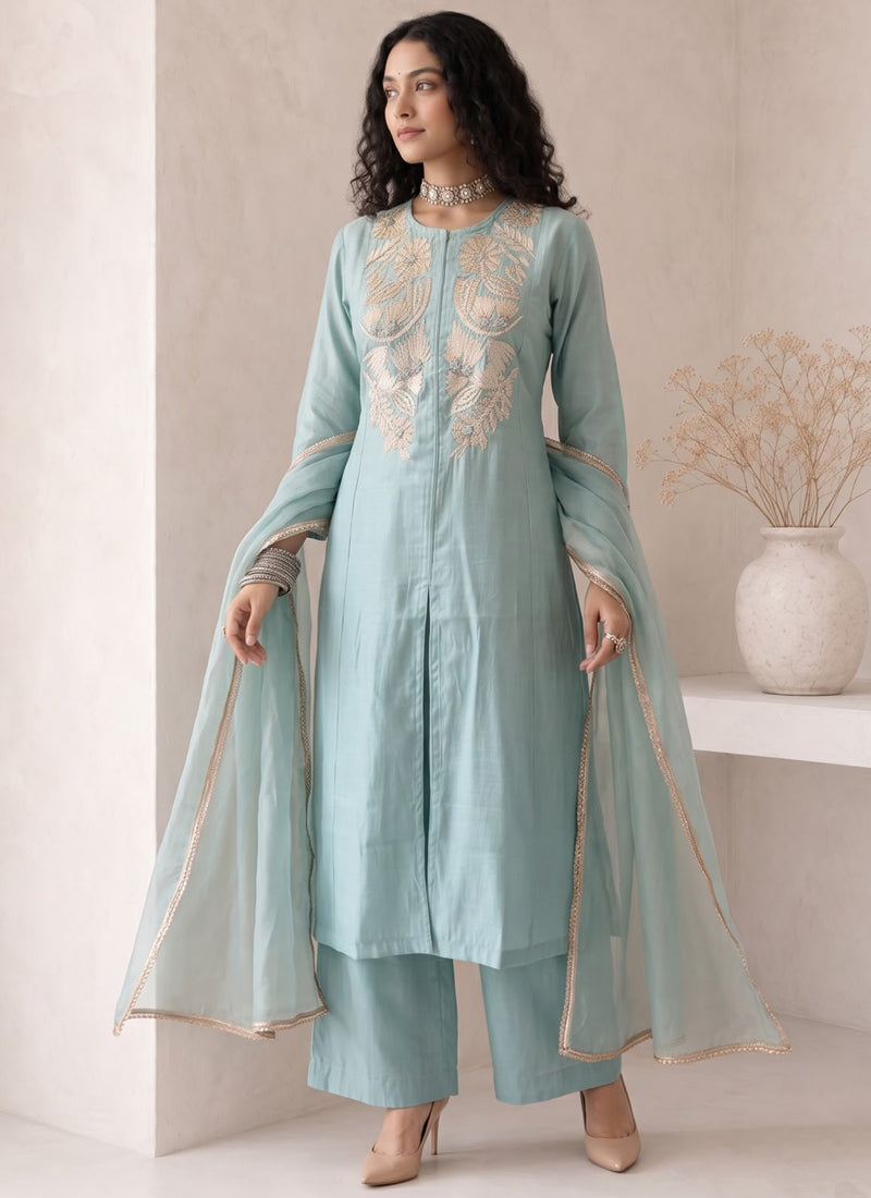 Vegaa Fashion Sky blue Embroidered Roman silk Salwar Suit - Dista