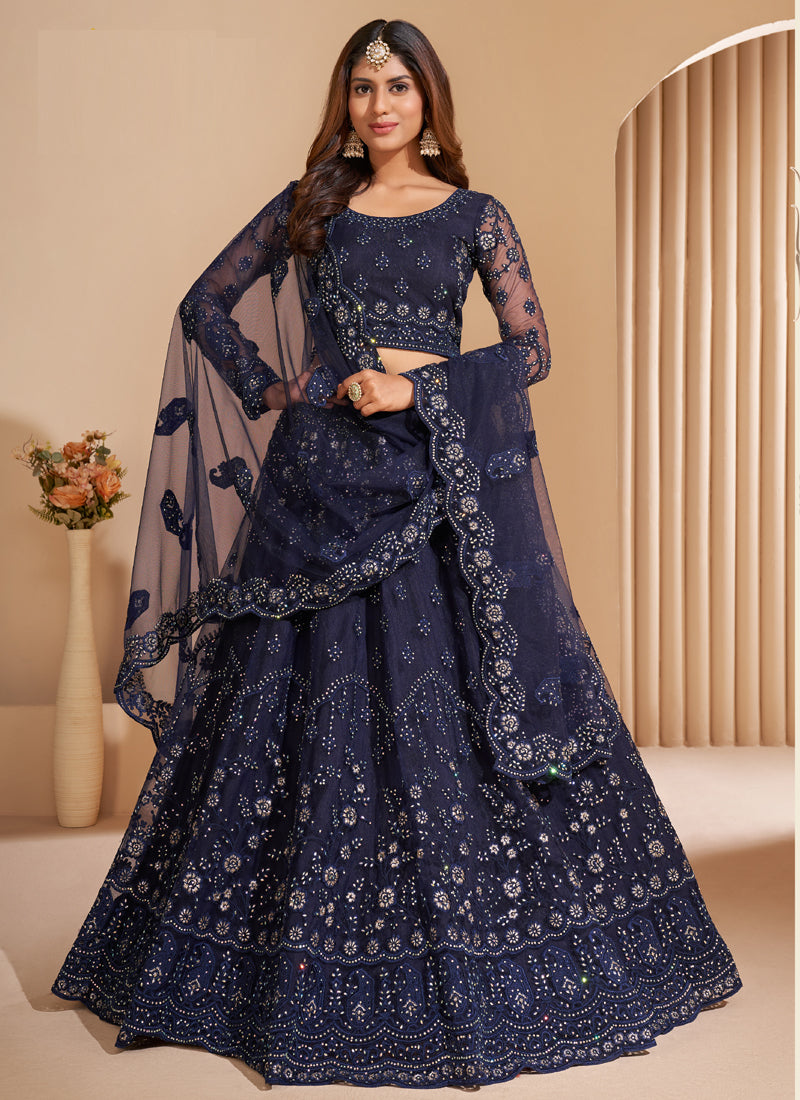 Vegaa Fashion Navy Blue Net Embroidery Designer Lehenga Choli - Distacart