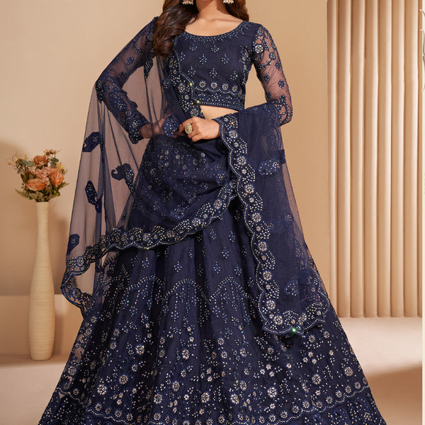 Vegaa Fashion Navy Blue Net Embroidery Designer Lehenga Choli - Distacart