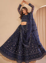 Thumbnail for Vegaa Fashion Navy Blue Net Embroidery Designer Lehenga Choli