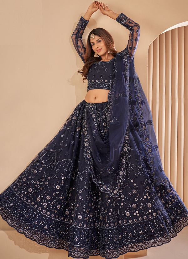 Vegaa Fashion Navy Blue Net Embroidery Designer Lehenga Choli