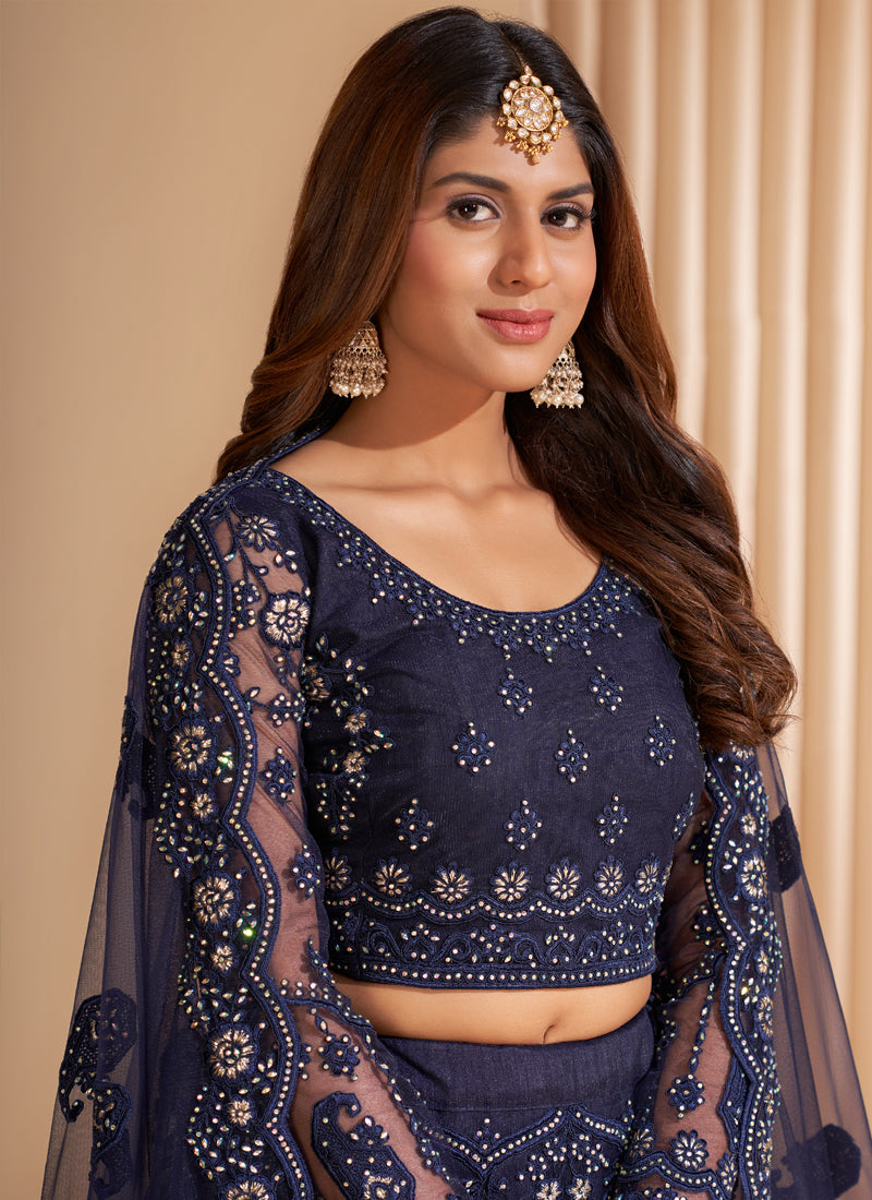 Vegaa Fashion Navy Blue Net Embroidery Designer Lehenga Choli