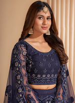 Thumbnail for Vegaa Fashion Navy Blue Net Embroidery Designer Lehenga Choli