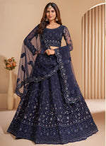 Thumbnail for Vegaa Fashion Navy Blue Net Embroidery Designer Lehenga Choli
