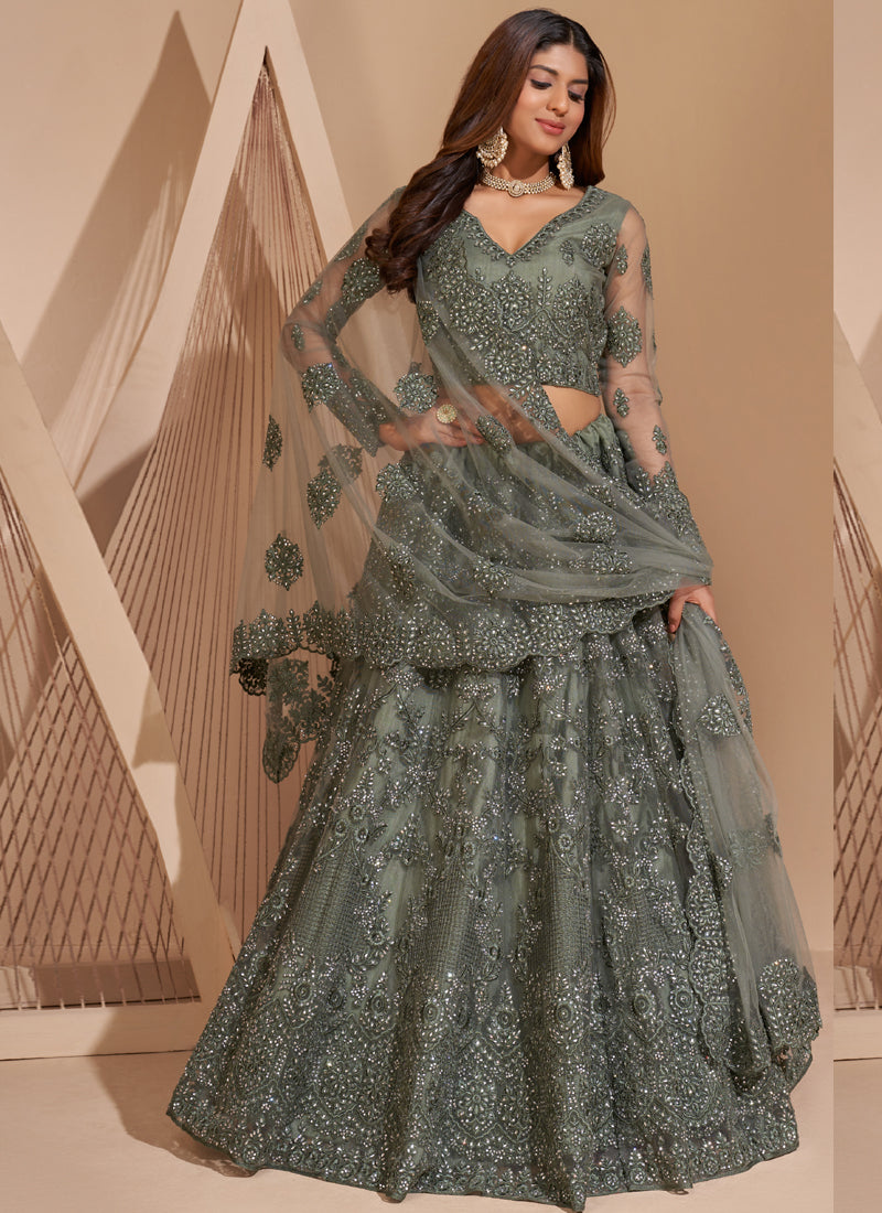 Vegaa Fashion Lime Green Net Embroidery Designer Lehenga Choli - Distacart
