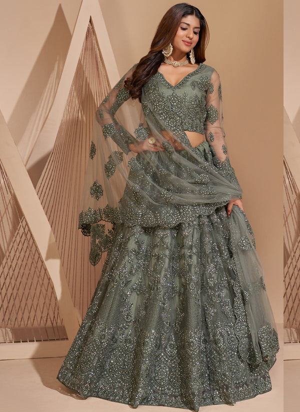 Vegaa Fashion Lime Green Net Embroidery Designer Lehenga Choli