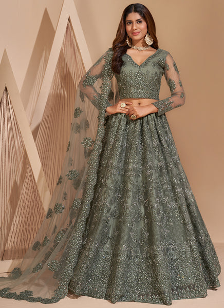 Vegaa Fashion Lime Green Net Embroidery Designer Lehenga Choli