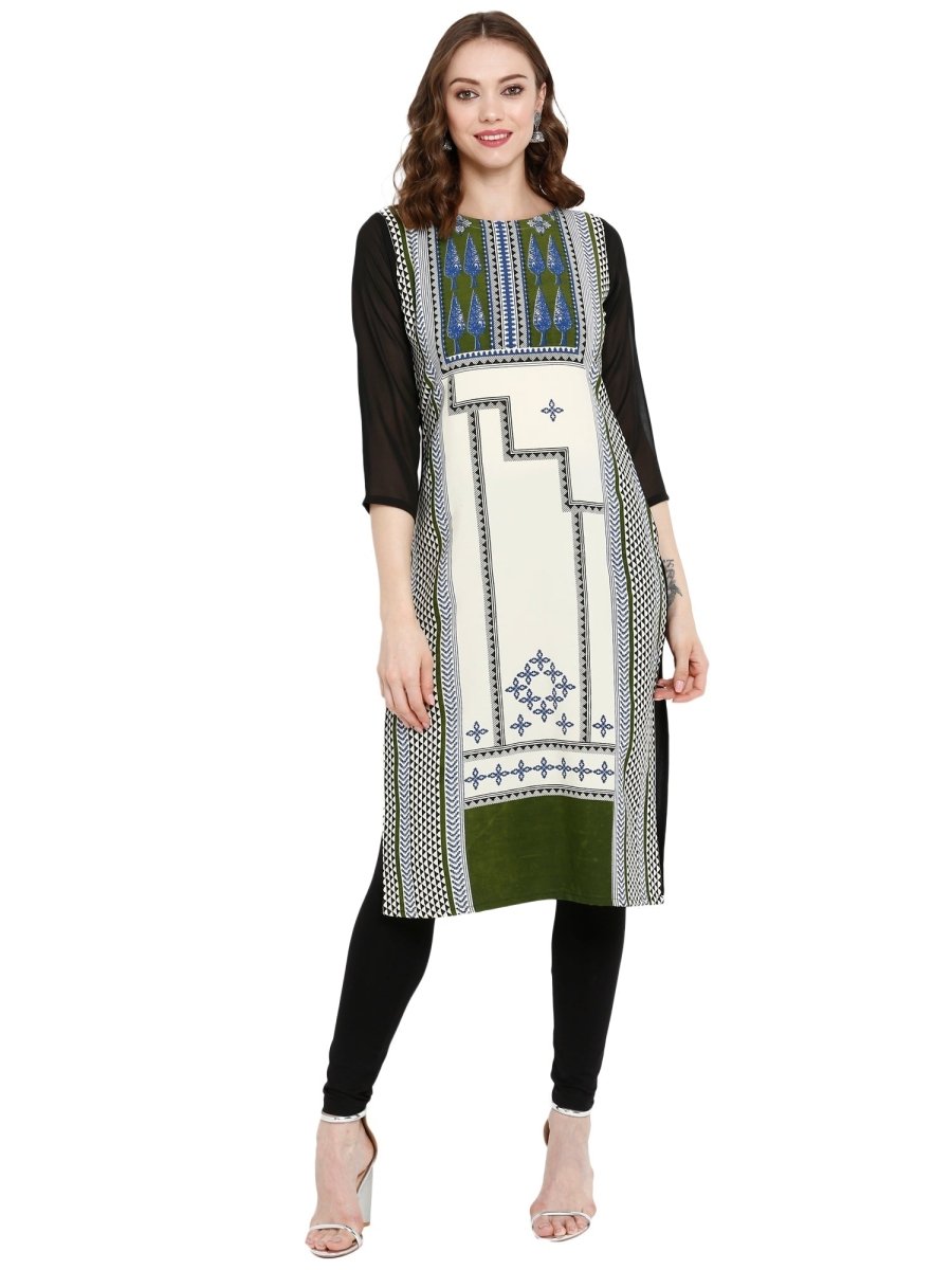 Ahalyaa Women Black & Cream-Coloured Printed Straight KurtI - Distacart