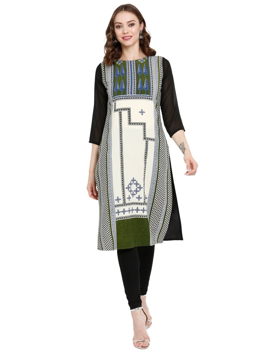 Ahalyaa Women Black & Cream-Coloured Printed Straight KurtI - Distacart