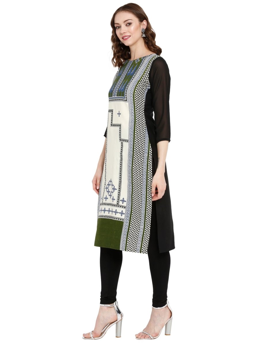 Ahalyaa Women Black & Cream-Coloured Printed Straight KurtI - Distacart