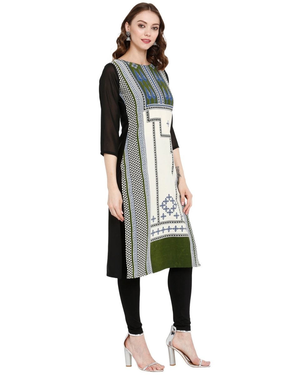 Ahalyaa Women Black & Cream-Coloured Printed Straight KurtI - Distacart