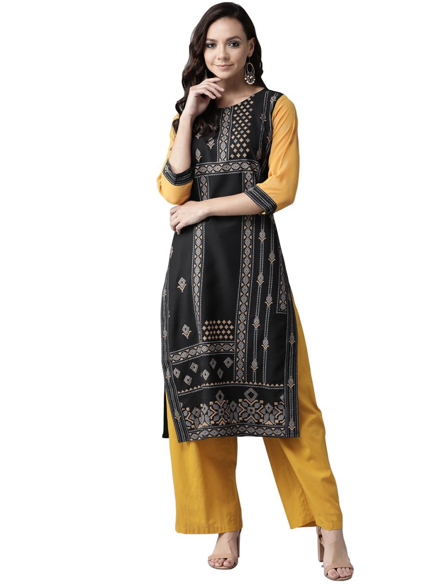 Ahalyaa Women Black & Grey Screen Print Straight Kurta