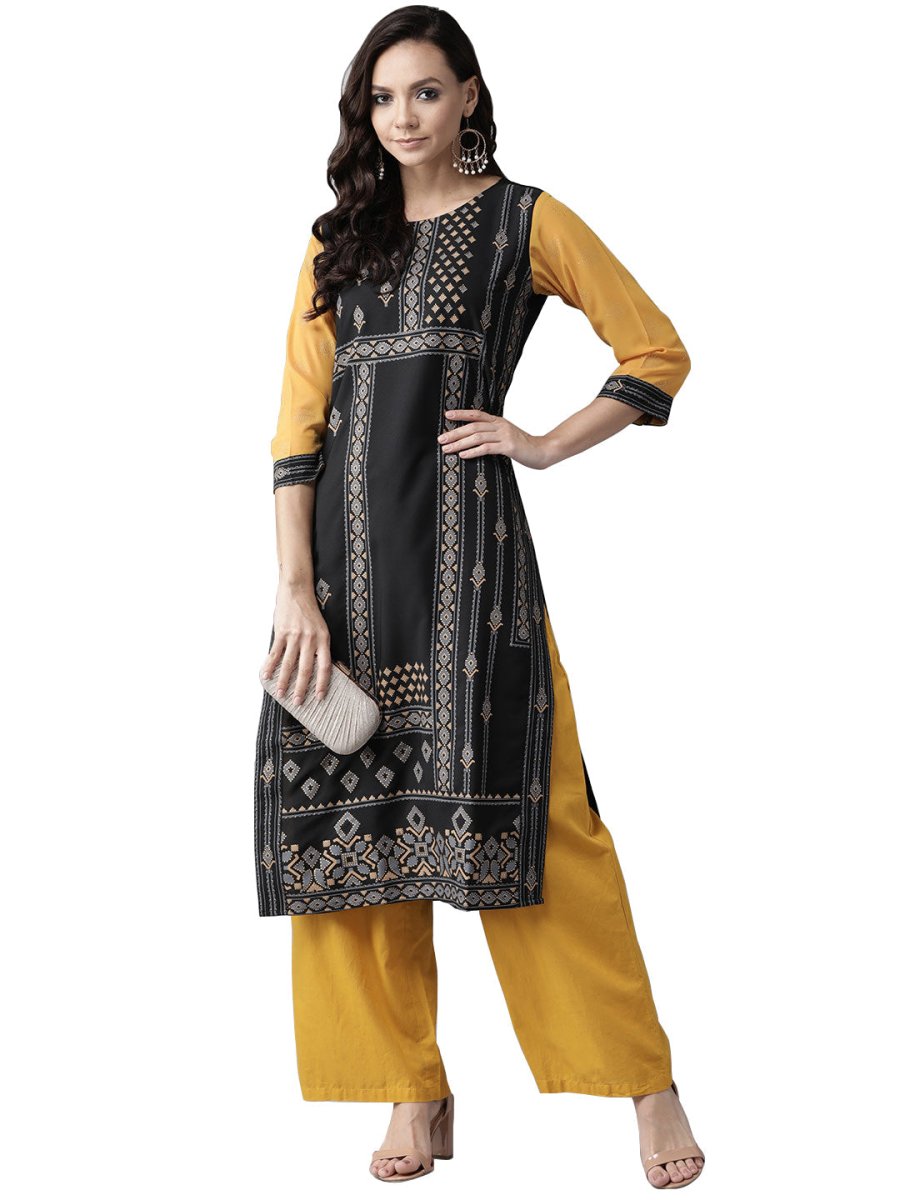 Ahalyaa Women Black & Grey Screen Print Straight Kurta
