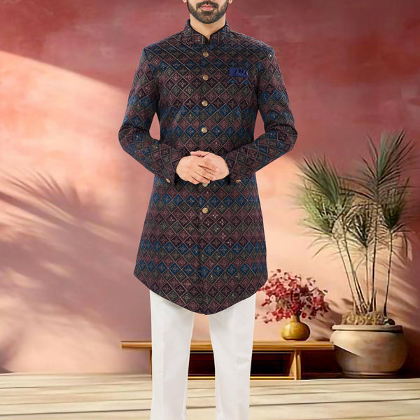 Joban Fashion Men's Blue Base ( Multi-Colour ) Straight Velvet Thread And Sequence Embroidary All Over Indo-Western Kurta Set - Distacart