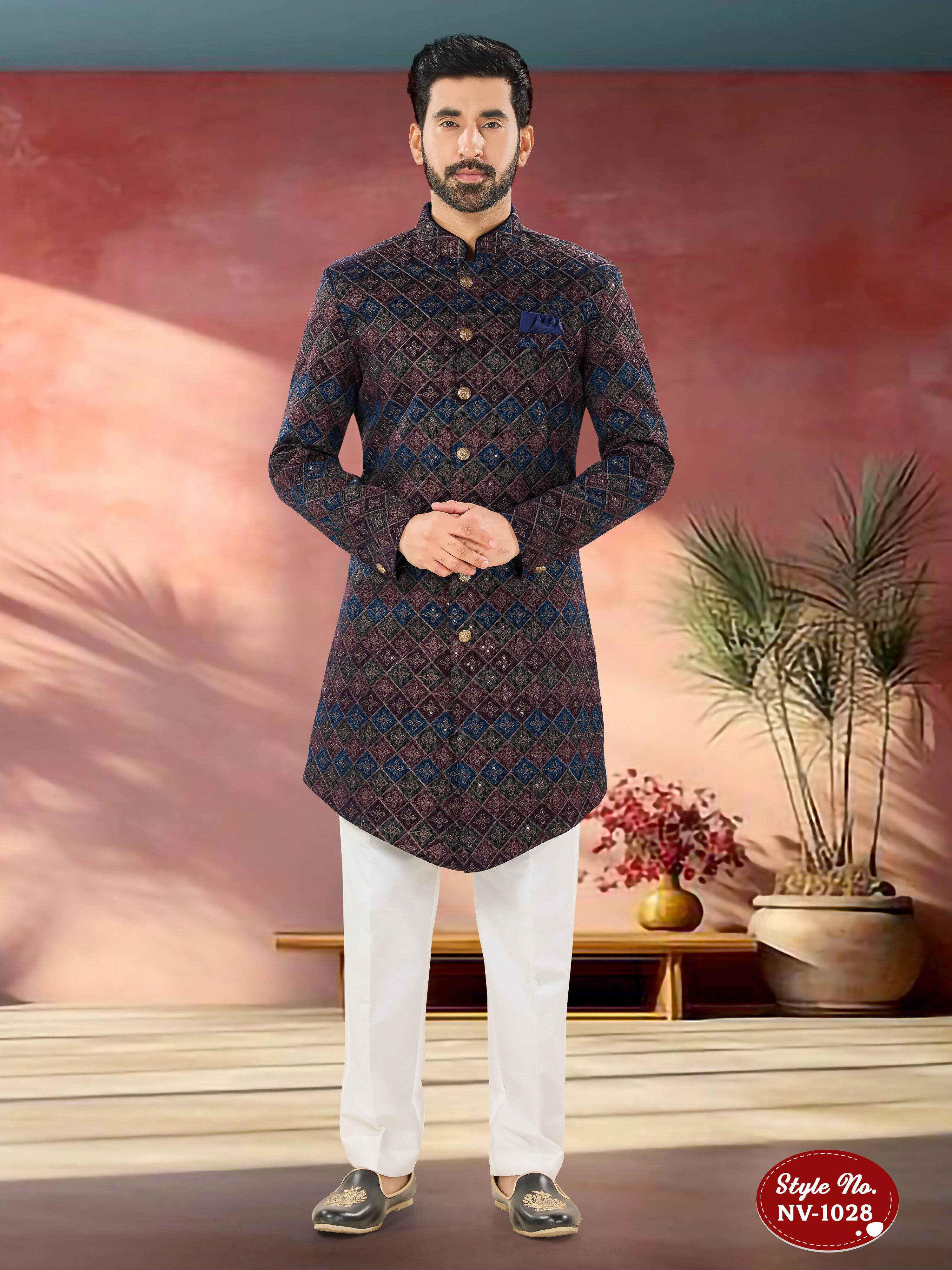 Joban Fashion Men's Blue Base ( Multi-Colour ) Straight Velvet Thread And Sequence Embroidary All Over Indo-Western Kurta Set - Distacart