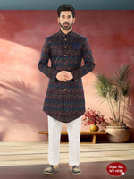 Thumbnail for Joban Fashion Men's Blue Base ( Multi-Colour ) Straight Velvet Thread And Sequence Embroidary All Over Indo-Western Kurta Set - Distacart