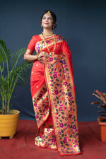 Thumbnail for Jyoti Fashion Women's Red Paithani Silk Zari Woven Saree with Blouse - Distacart