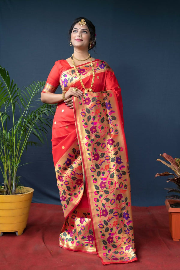 Jyoti Fashion Women's Red Paithani Silk Zari Woven Saree with Blouse - Distacart