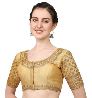 Malishka Women's Golden Colour Silk Readymade Blouse