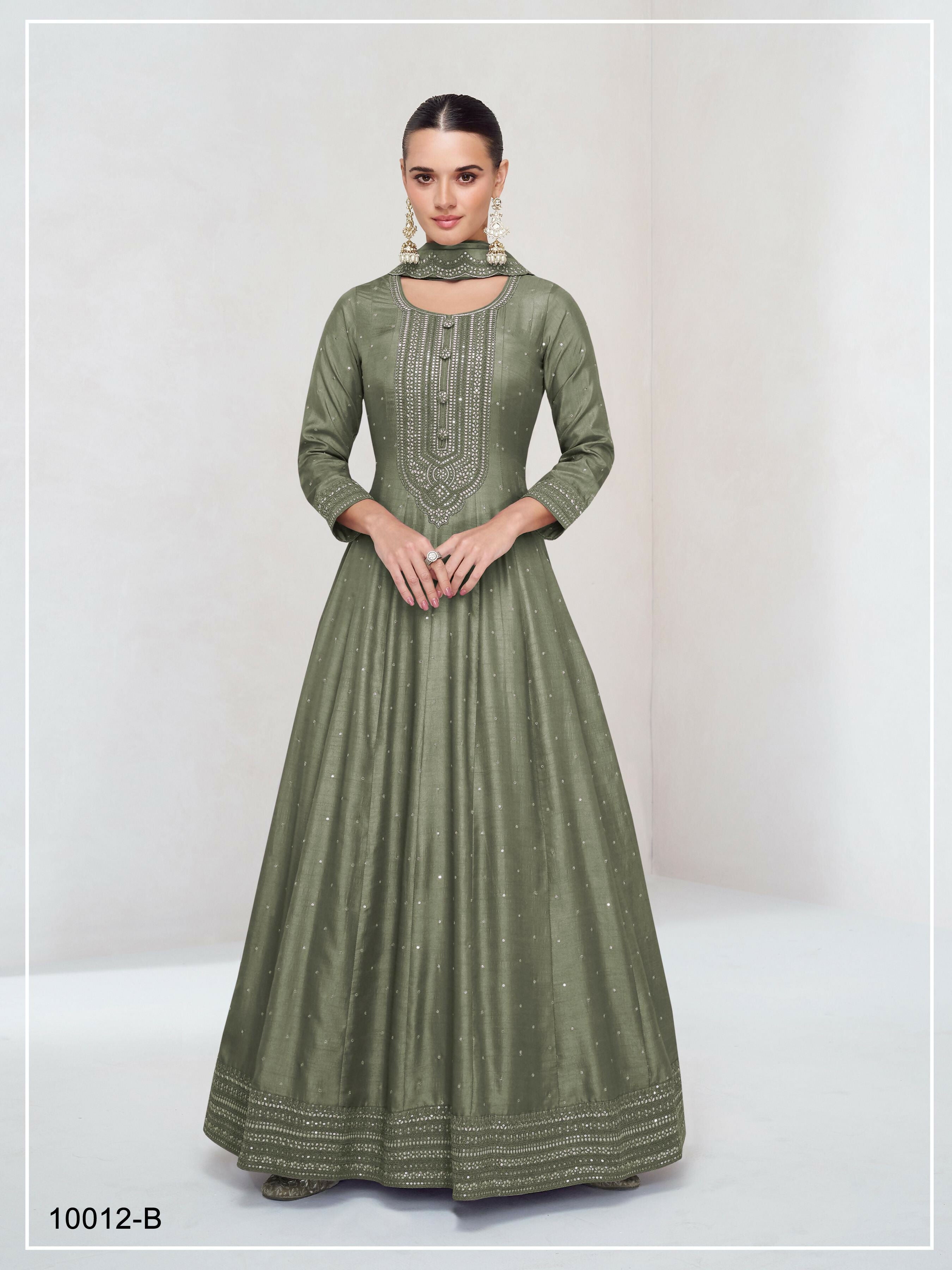 Teeya Creation Mehendi Color Heavy Vichitra Silk Embroidery Work Long Gown - Distacart