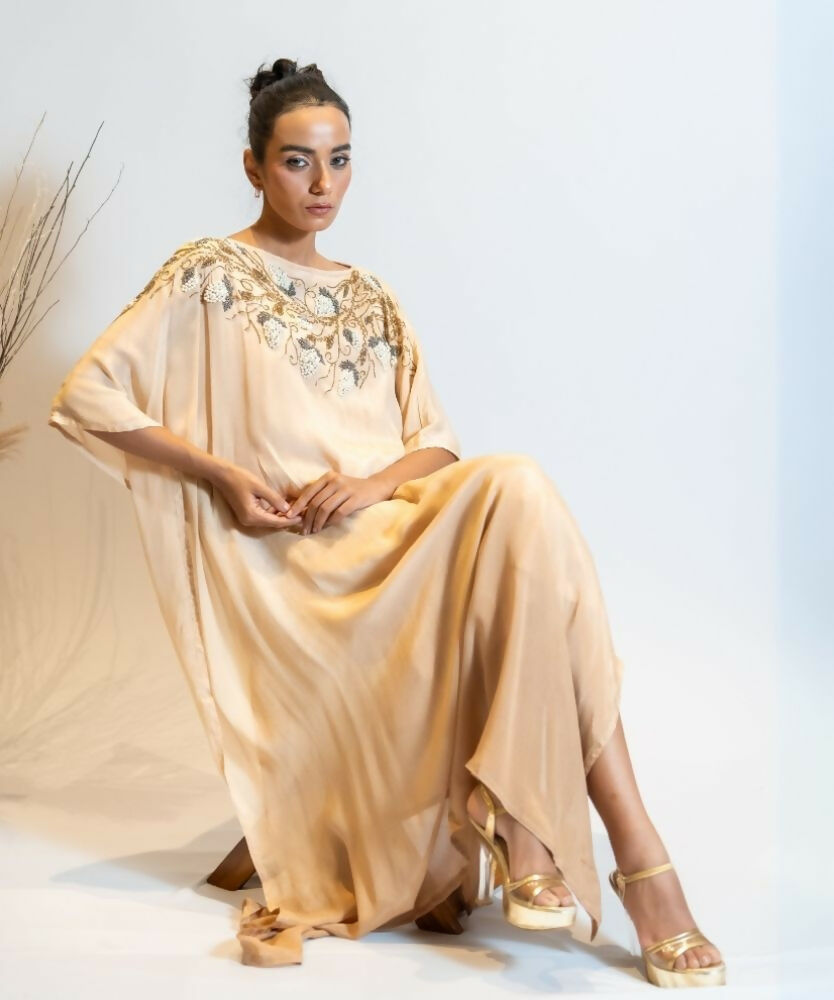 Timaraa Champagne Beige Ombre Embellished Georgette Kaftan Dress - Dista
