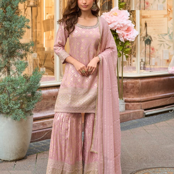 Aarshi Fashions Baby Pink Shimmer Silk Full Stitched Sharara Suits - Distacart