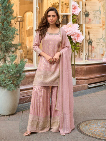 Aarshi Fashions Baby Pink Shimmer Silk Full Stitched Sharara Suits - Distacart