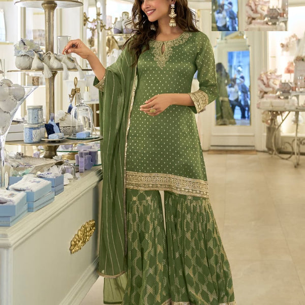 Aarshi Fashions Leaf Green Shimmer Silk Full Stitched Sharara Suits - Distacart