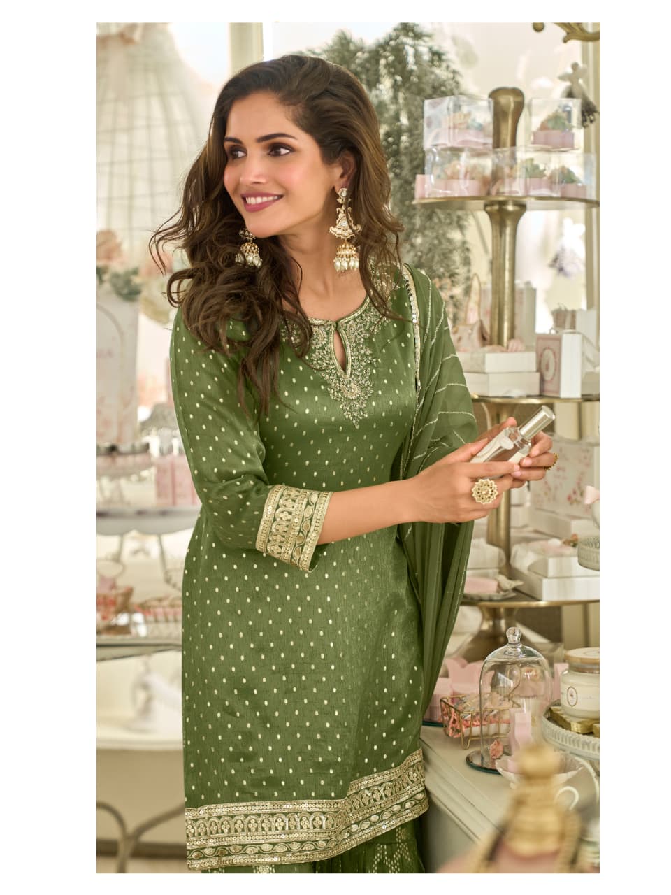 Aarshi Fashions Leaf Green Shimmer Silk Full Stitched Sharara Suits - Distacart