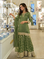 Thumbnail for Aarshi Fashions Leaf Green Shimmer Silk Full Stitched Sharara Suits - Distacart