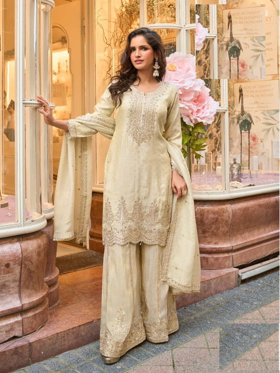 Aarshi Fashions Ivory Shimmer Silk Full Stitched Sharara Suits - Distacart