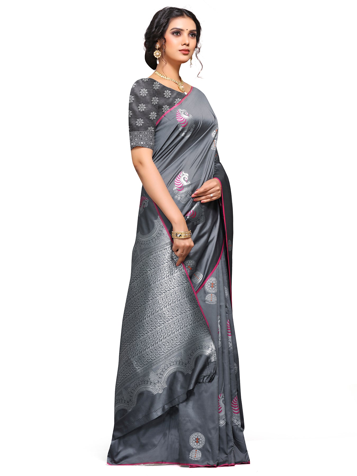 Vamika Weaving Banarasi Jacquard Grey Kanjivaram Saree - Distacart