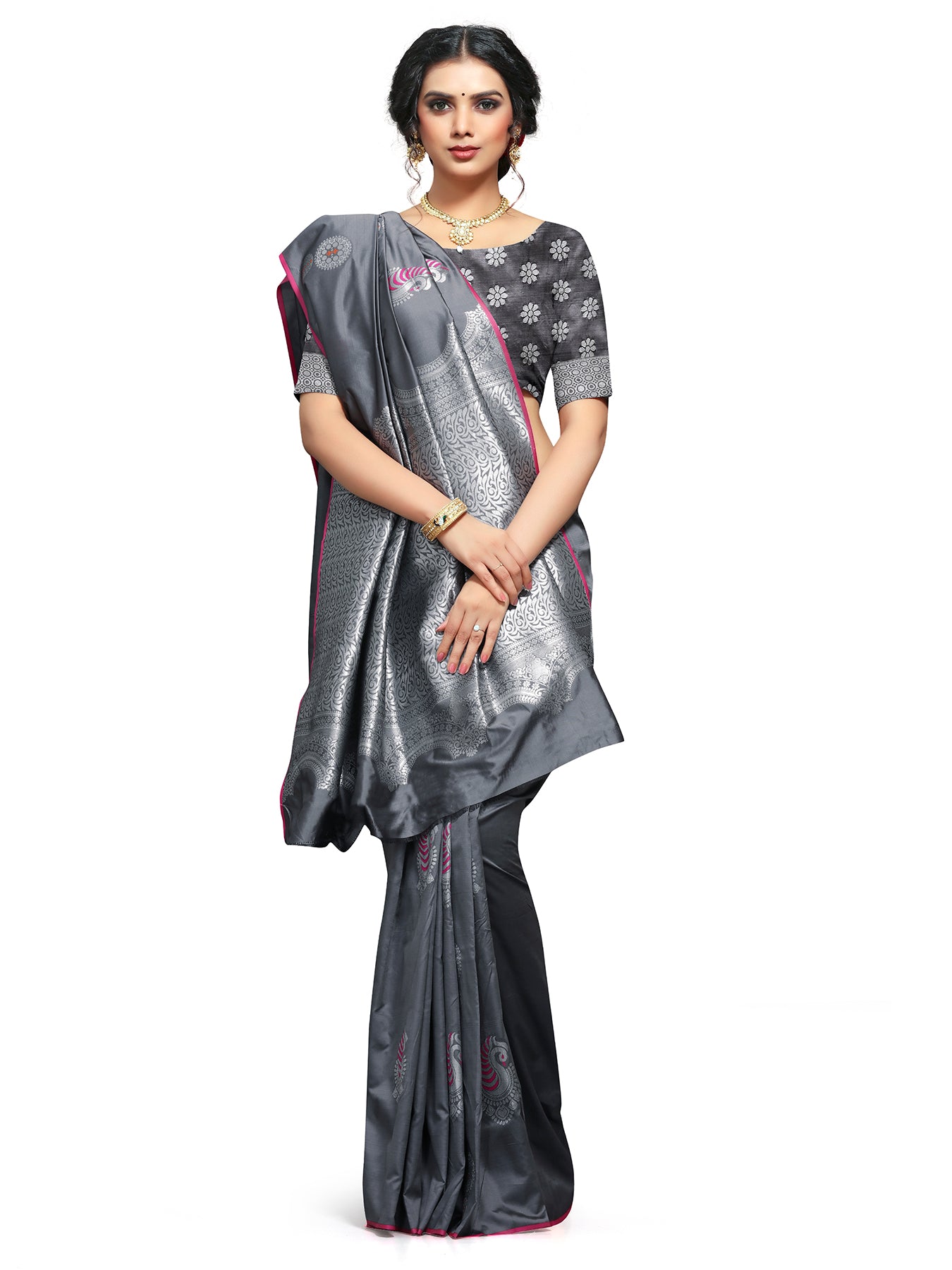Vamika Weaving Banarasi Jacquard Grey Kanjivaram Saree - Distacart