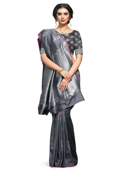 Vamika Weaving Banarasi Jacquard Grey Kanjivaram Saree - Distacart