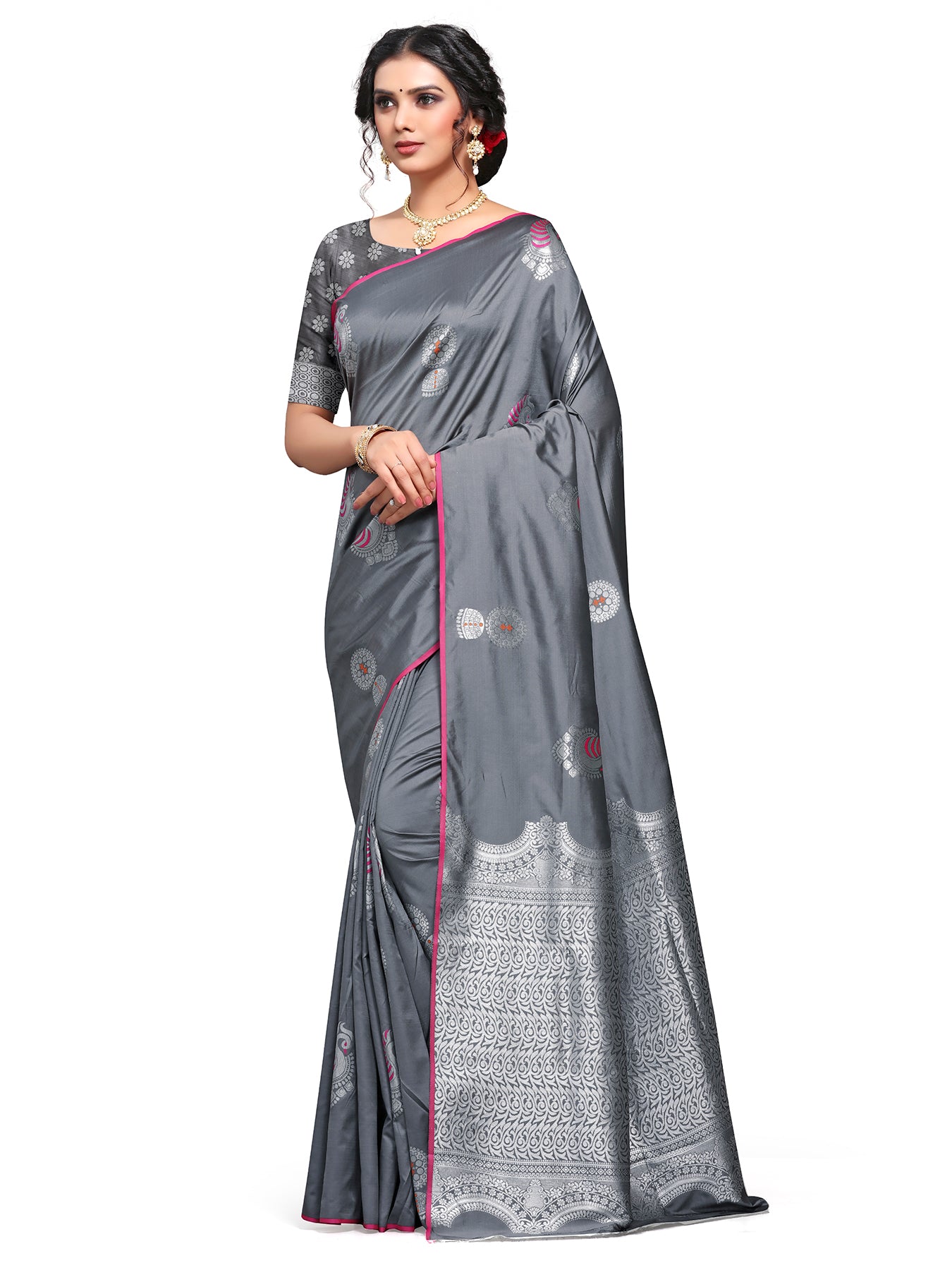 Vamika Weaving Banarasi Jacquard Grey Kanjivaram Saree - Distacart
