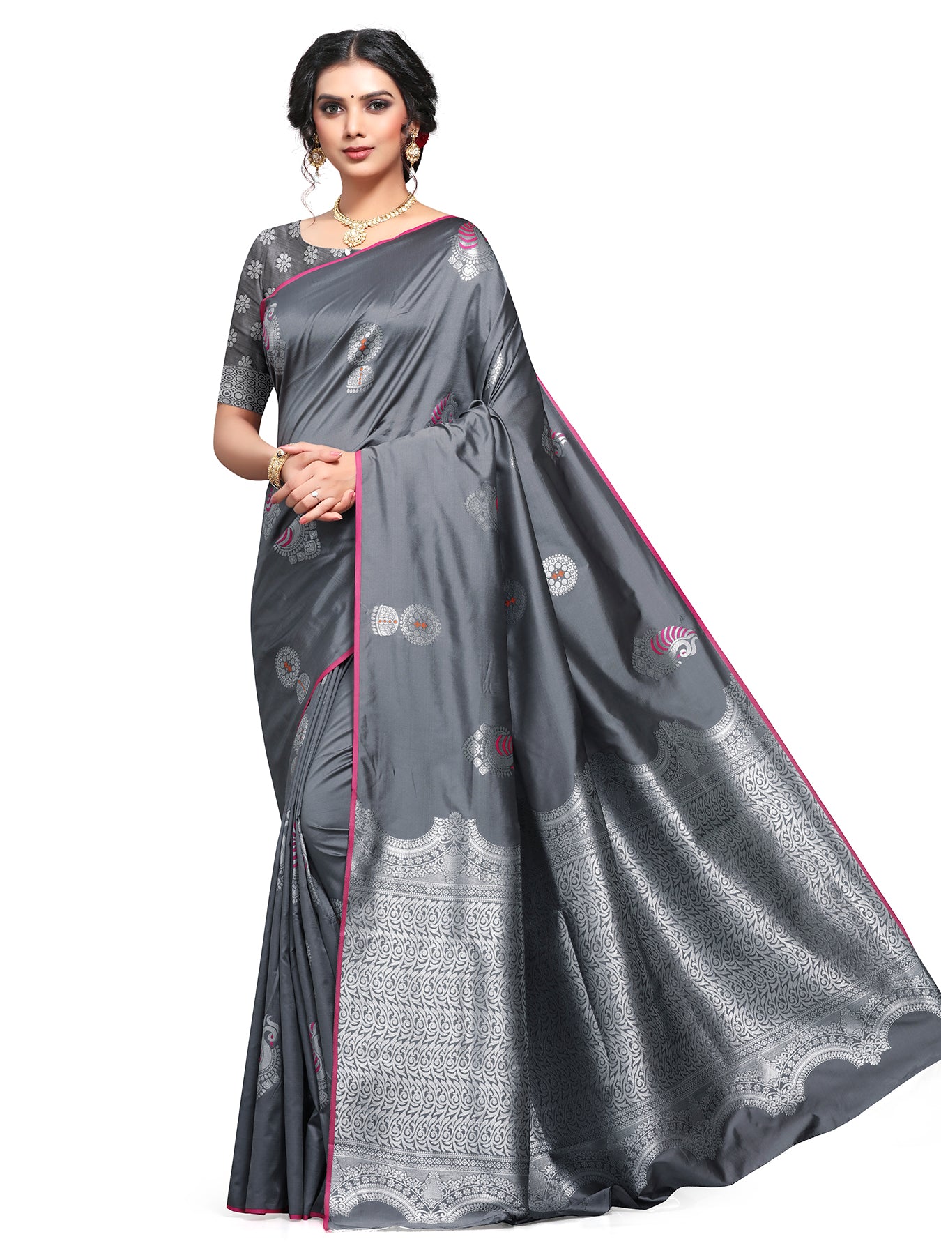 Vamika Weaving Banarasi Jacquard Grey Kanjivaram Saree - Distacart