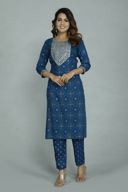 Alvano Printed Sequence Kurti with Pant and Dupatta set Rayon (Blue) - Distacart