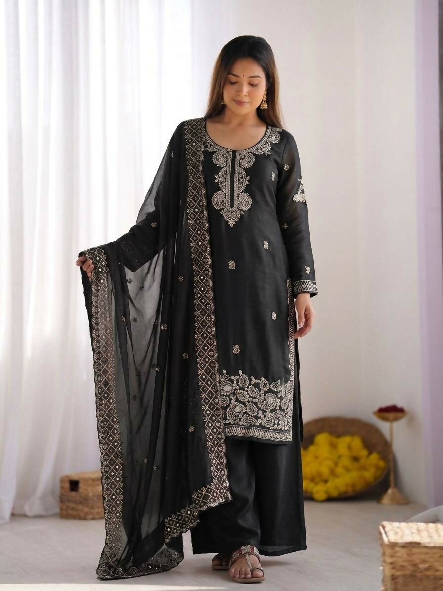 Teeya Creation Womens New Trendy Stylish Embroidery Beads Work Palazzo Kurta Set -Black - Dista