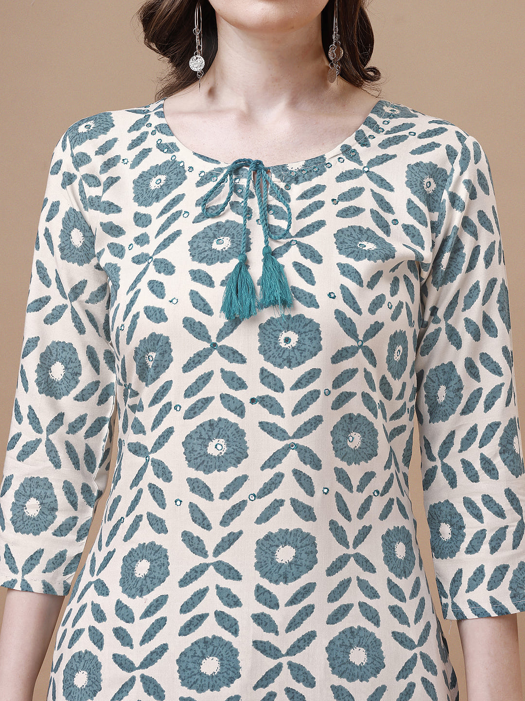 Women Tie Up Tassel Neck Printed Kurta With Pant, Multicolor - Hiral Fashion - Distacart