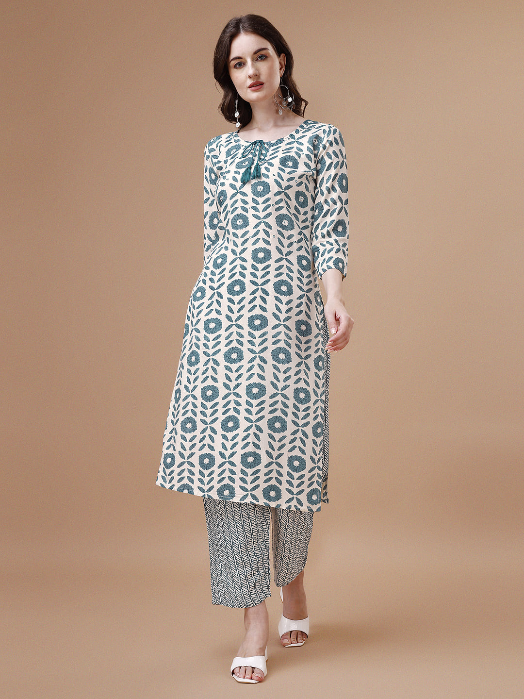 Women Tie Up Tassel Neck Printed Kurta With Pant, Multicolor - Hiral Fashion - Distacart