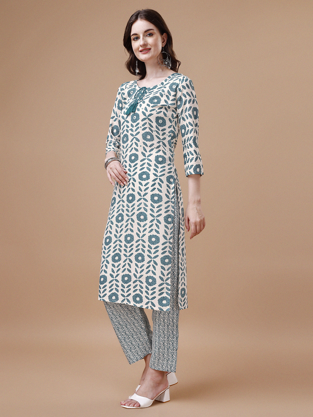 Women Tie Up Tassel Neck Printed Kurta With Pant, Multicolor - Hiral Fashion - Distacart