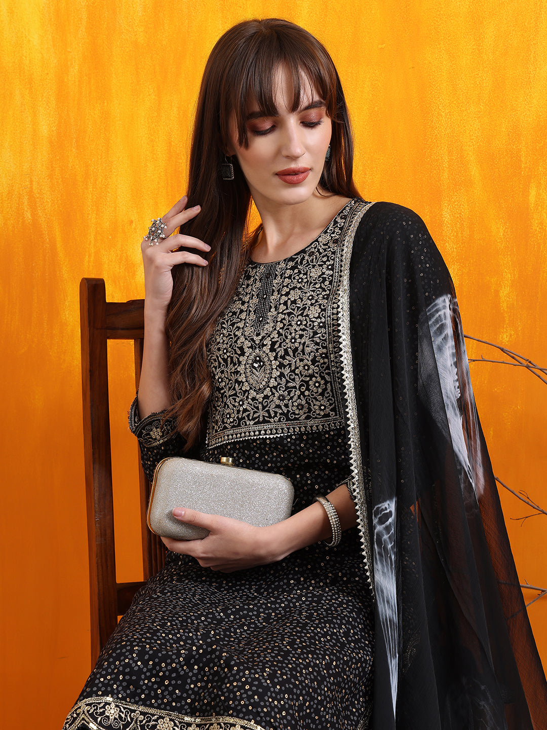 Embroidered & Bandhani Printed Kurta With Pant & Dupatta, Black - Hiral Fashion - Distacart