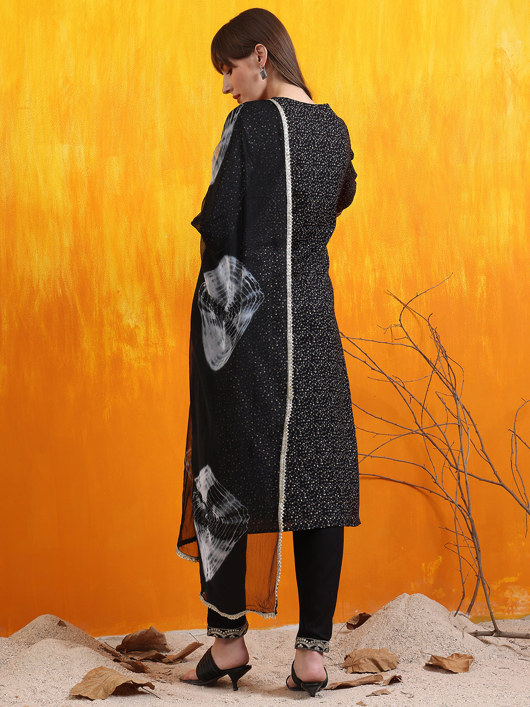 Embroidered & Bandhani Printed Kurta With Pant & Dupatta, Black - Hiral Fashion - Distacart