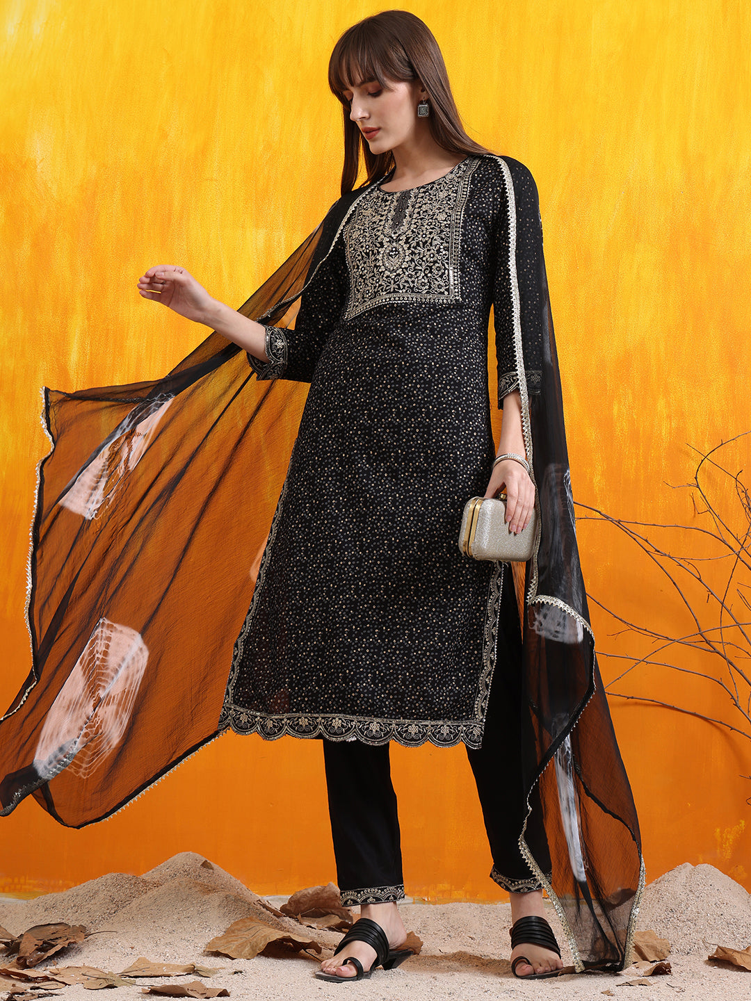 Embroidered & Bandhani Printed Kurta With Pant & Dupatta, Black - Hiral Fashion - Distacart