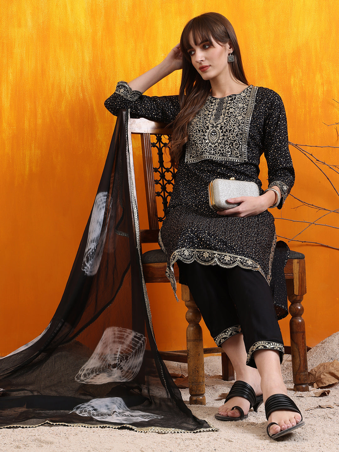 Embroidered & Bandhani Printed Kurta With Pant & Dupatta, Black - Hiral Fashion - Distacart