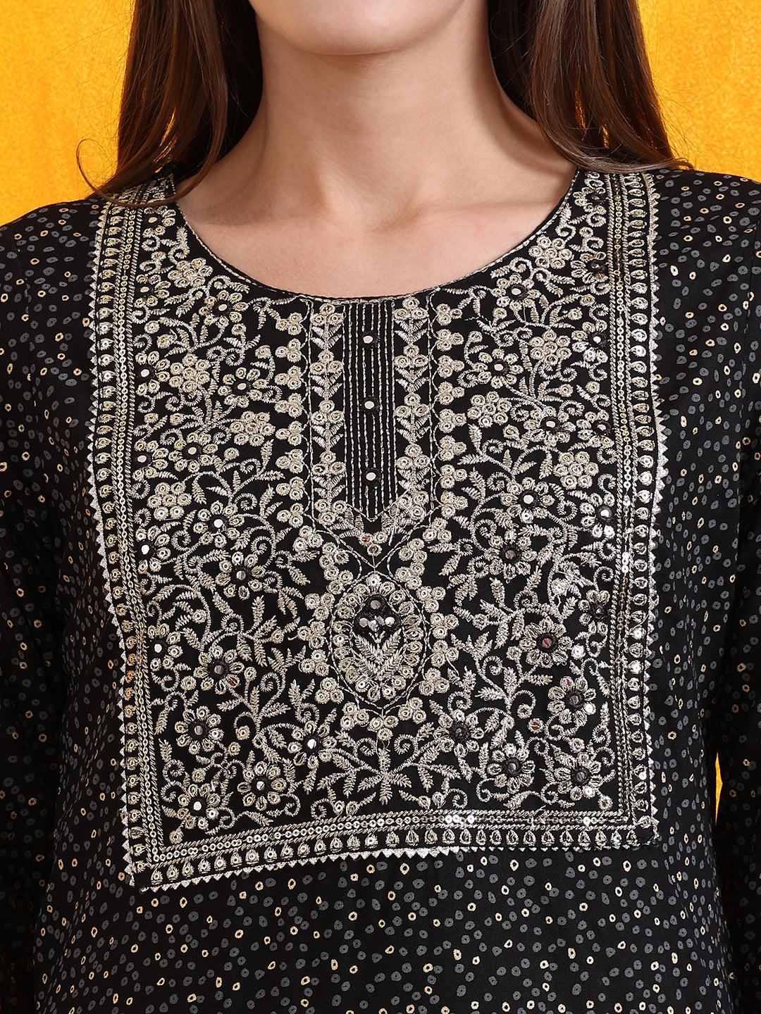 Embroidered & Bandhani Printed Kurta With Pant & Dupatta, Black - Hiral Fashion - Distacart
