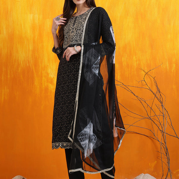 Embroidered & Bandhani Printed Kurta With Pant & Dupatta, Black - Hiral Fashion - Distacart